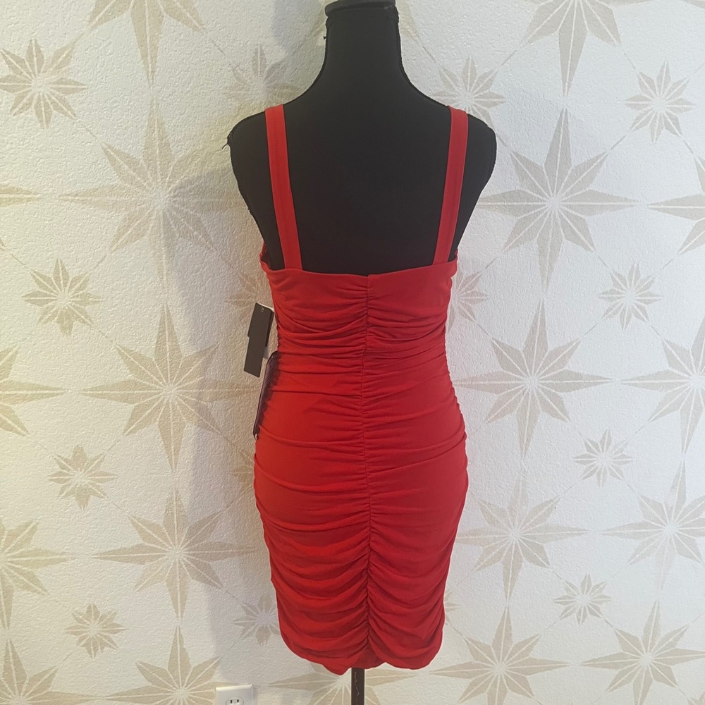 🆕City Studio Sexy Red Square Neck Ruched Bodycon Mini Cocktail Dress Women Sz L - Picture 2 of 7
